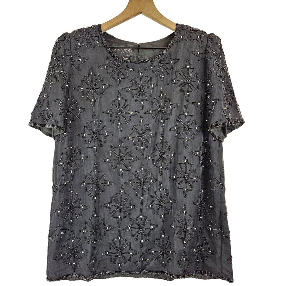 Cute Classics vintage beaded 100% silk black top, size S